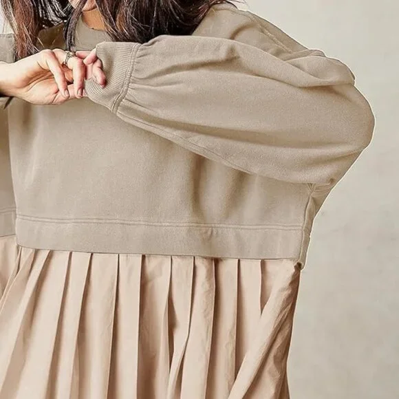 Dokuritu Women's Khaki Patchwork Crew Neck Long Sleeve Sweatshirt Mini Dress XS - Picture 8 of 11